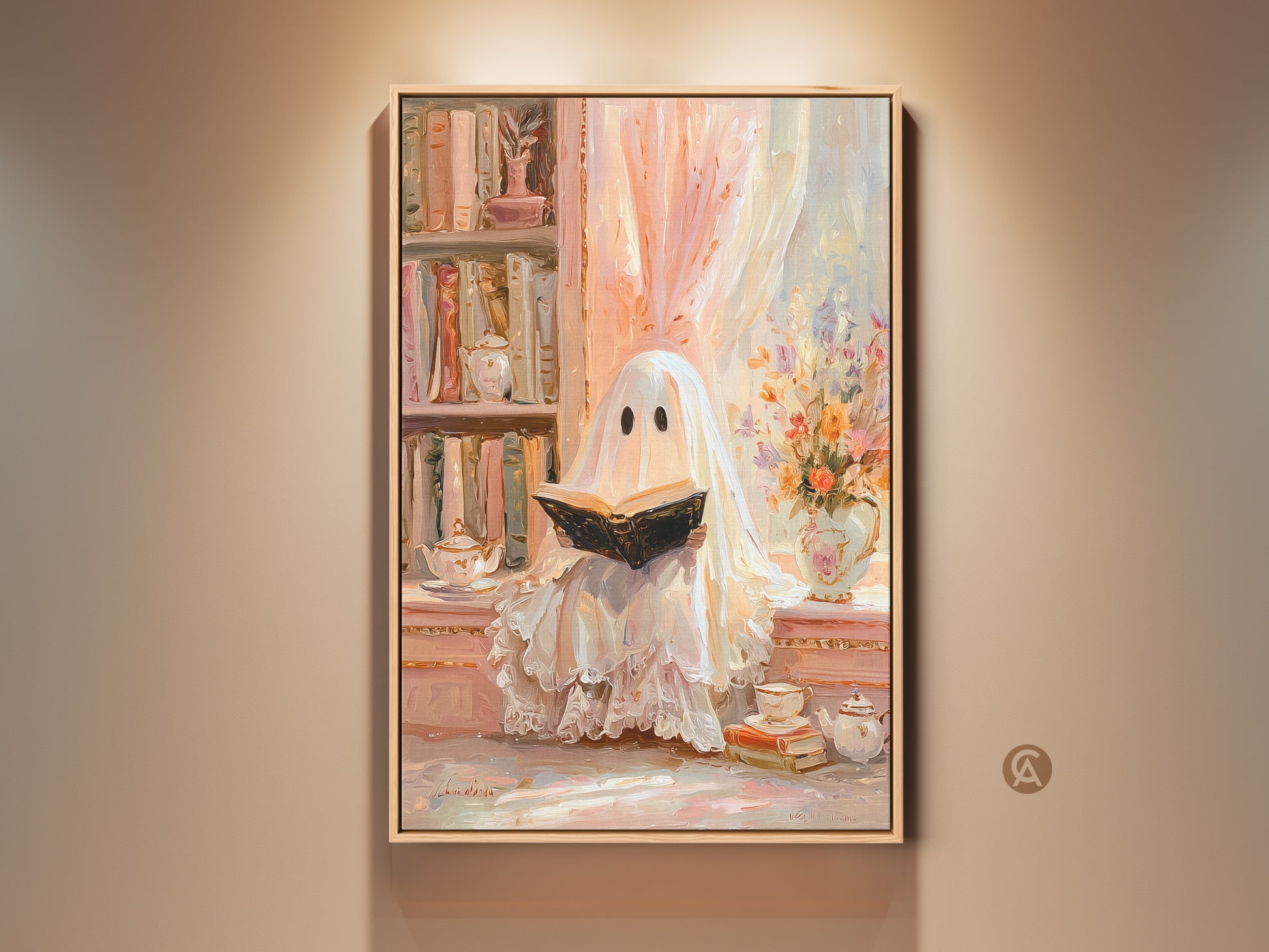 Charming ghost reading wall art. A pastel cream peach artwork for eclectic study decor. This bookish ghost art print brings a cozy Halloween vibe. Perfect as a gift for bookworms it adds a touch of fantasy and whimsy to any reading nook or home space. The soft colors create a heartwarming literary themed decor.