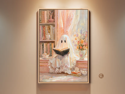 Charming ghost reading wall art. A pastel cream peach artwork for eclectic study decor. This bookish ghost art print brings a cozy Halloween vibe. Perfect as a gift for bookworms it adds a touch of fantasy and whimsy to any reading nook or home space. The soft colors create a heartwarming literary themed decor.