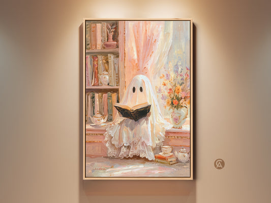 Charming ghost reading wall art. A pastel cream peach artwork for eclectic study decor. This bookish ghost art print brings a cozy Halloween vibe. Perfect as a gift for bookworms it adds a touch of fantasy and whimsy to any reading nook or home space. The soft colors create a heartwarming literary themed decor.
