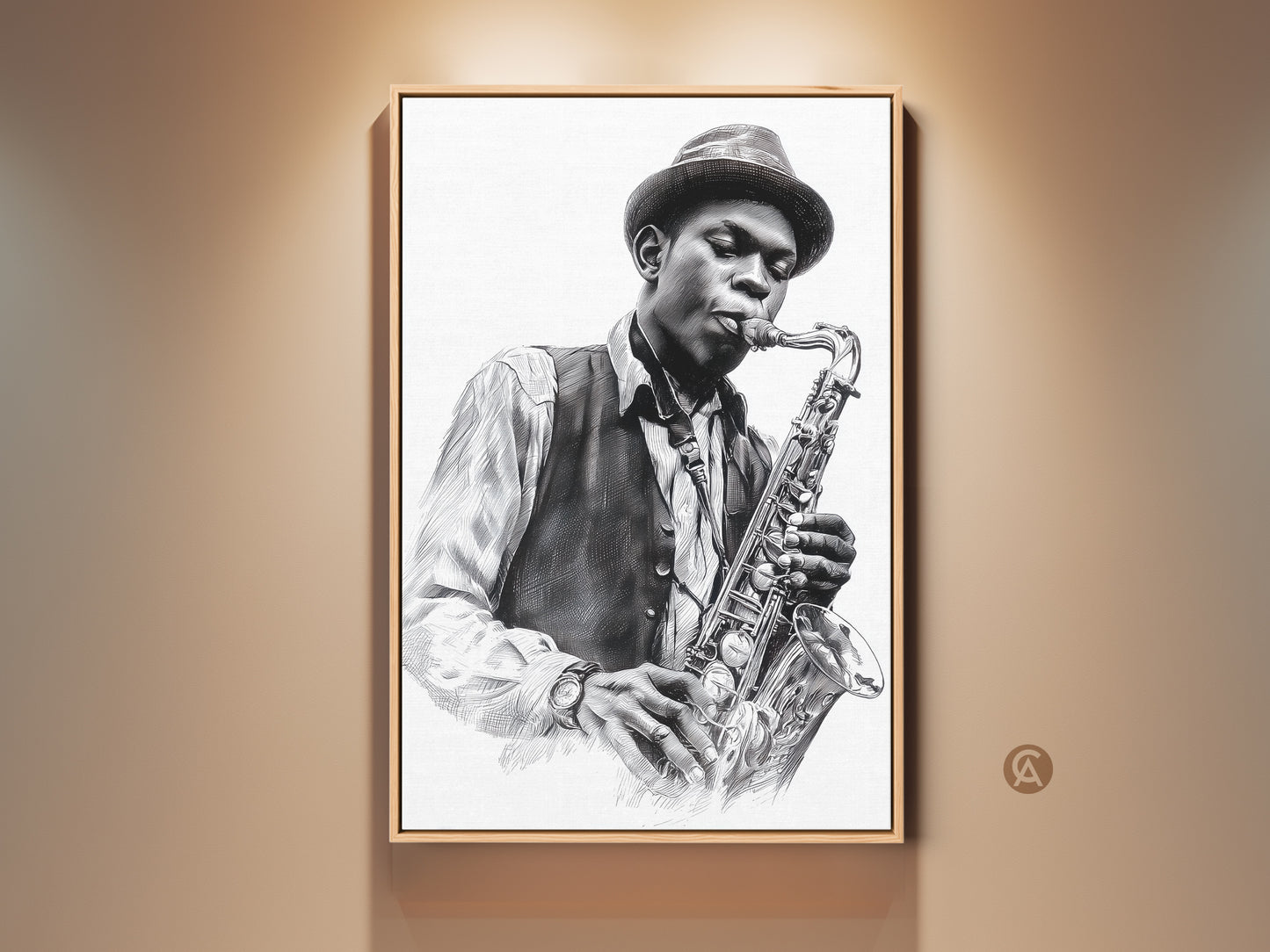 Framed artwork of a jazz musician playing the saxophone. The art print is displayed in a floating frame. The musician wears a fedora vest and striped shirt. This wall art is perfect for music lovers. Shop now for canvas prints and posters.