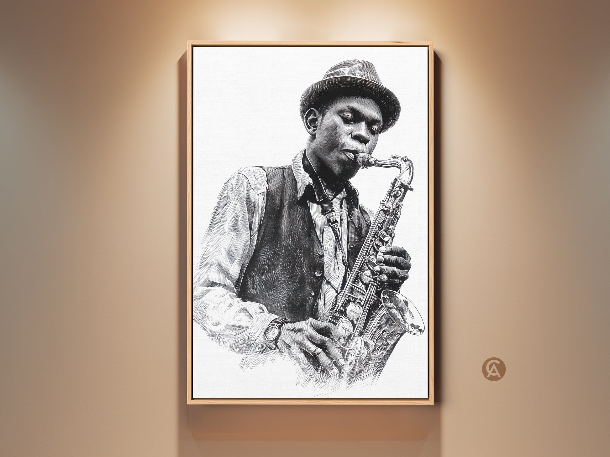 Framed artwork of a jazz musician playing the saxophone. The art print is displayed in a floating frame. The musician wears a fedora vest and striped shirt. This wall art is perfect for music lovers. Shop now for canvas prints and posters.