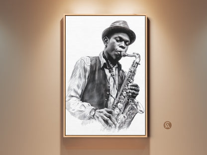 Framed artwork of a jazz musician playing the saxophone. The art print is displayed in a floating frame. The musician wears a fedora vest and striped shirt. This wall art is perfect for music lovers. Shop now for canvas prints and posters.
