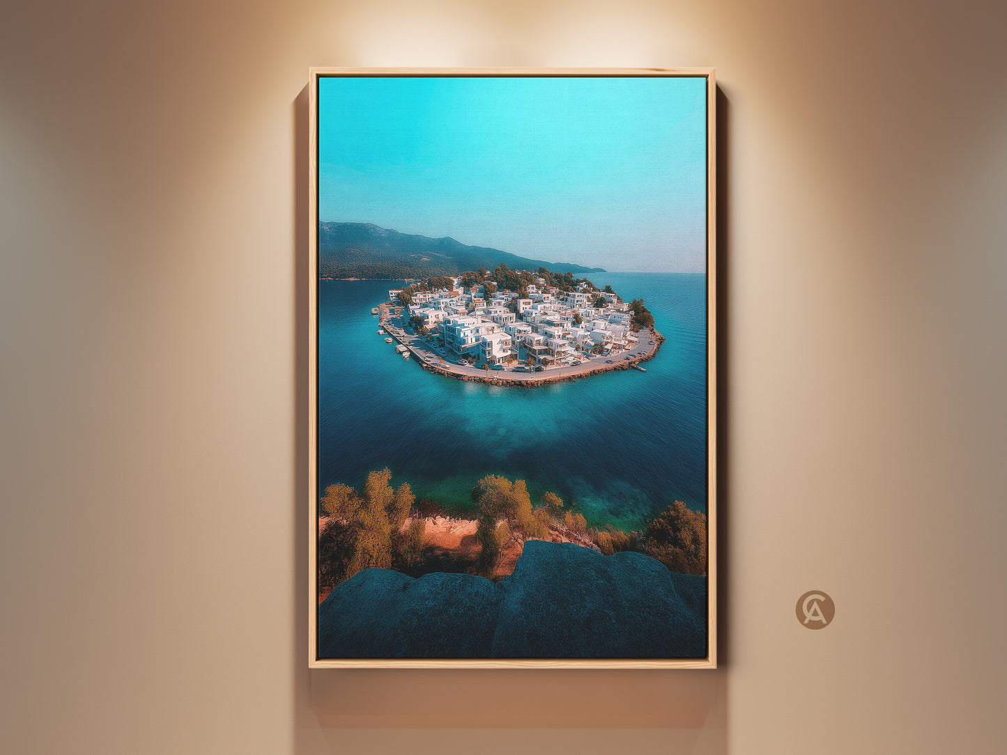 This stunning art print showcases an aerial view of a coastal island village. The turquoise ocean surrounds white buildings creating a serene Mediterranean scene. Perfect for modern coastal decor this aerial perspective artwork is a travel lover's dream. Add a touch of island charm to your home with this piece