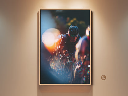 Dynamic cyclist action photography canvas print. Contemporary sports decor for your wall. Orange and blue hues bring energy to any room. Perfect motivational bike art for home or office. A great gift for cycling lovers. High-quality canvas ensures lasting impact.