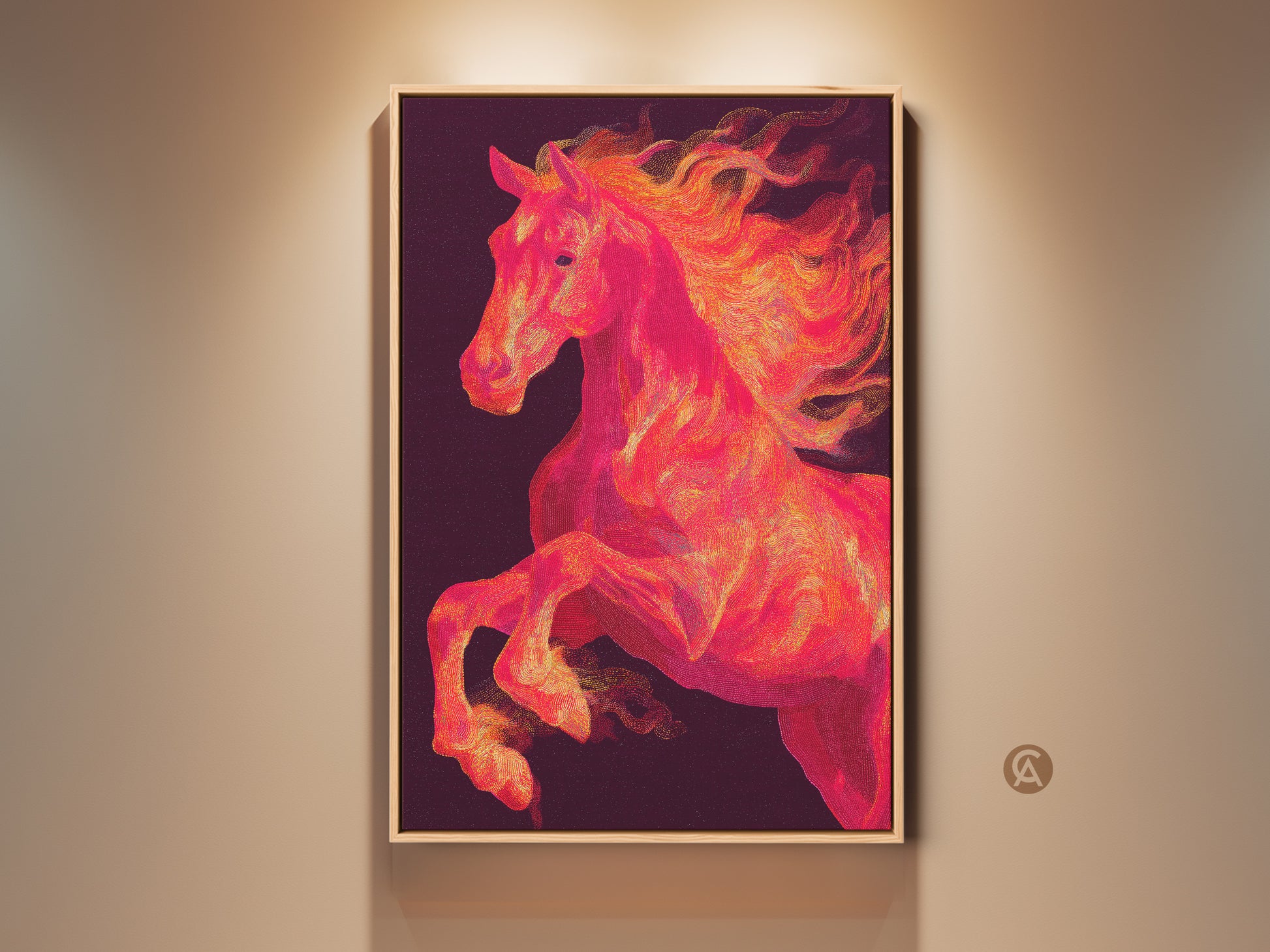 Framed canvas print of a vibrant horse artwork. The horse rears up against a dark background. The artwork is framed and ready to hang. The horse has a fiery orange mane.