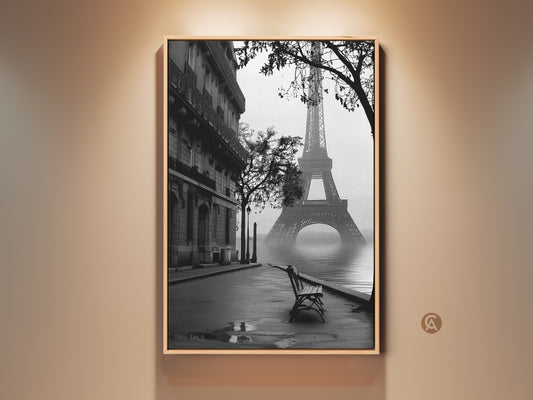 Monochrome Eiffel Tower art print showcases a vintage Paris street scene. This canvas art features a black and white cityscape bringing contemporary elegance. Perfect wall art for an entryway or a Francophile gift. This Parisian charm blends with modern home decor sensibilities. Ideal for those who appreciate travel-inspired aesthetics