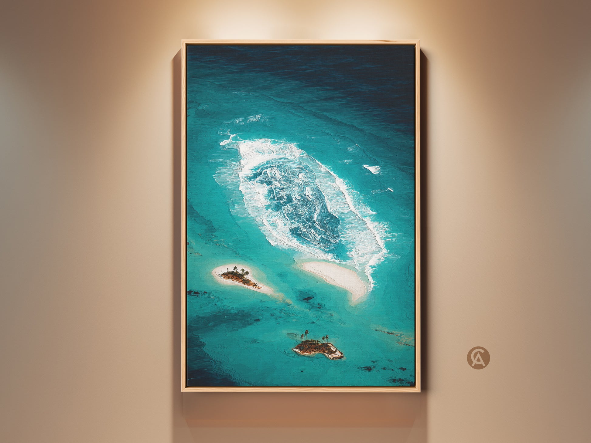 Teal abstract ocean canvas print in a frame showcases coastal island artwork. This tropical beach landscape wall art features deep teal aqua tones. This turquoise ocean decor adds serene beauty. Perfect gift for beach lovers. Ideal for minimalist ocean print decor.