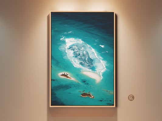 Teal abstract ocean canvas print in a frame showcases coastal island artwork. This tropical beach landscape wall art features deep teal aqua tones. This turquoise ocean decor adds serene beauty. Perfect gift for beach lovers. Ideal for minimalist ocean print decor.