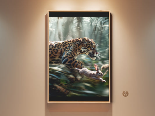 Framed photorealistic jaguar art print chasing rabbit. Wildlife wall decor for nature lovers. Contemporary animal canvas in brown orange and green tones. This big cat artwork brings the wild indoors.