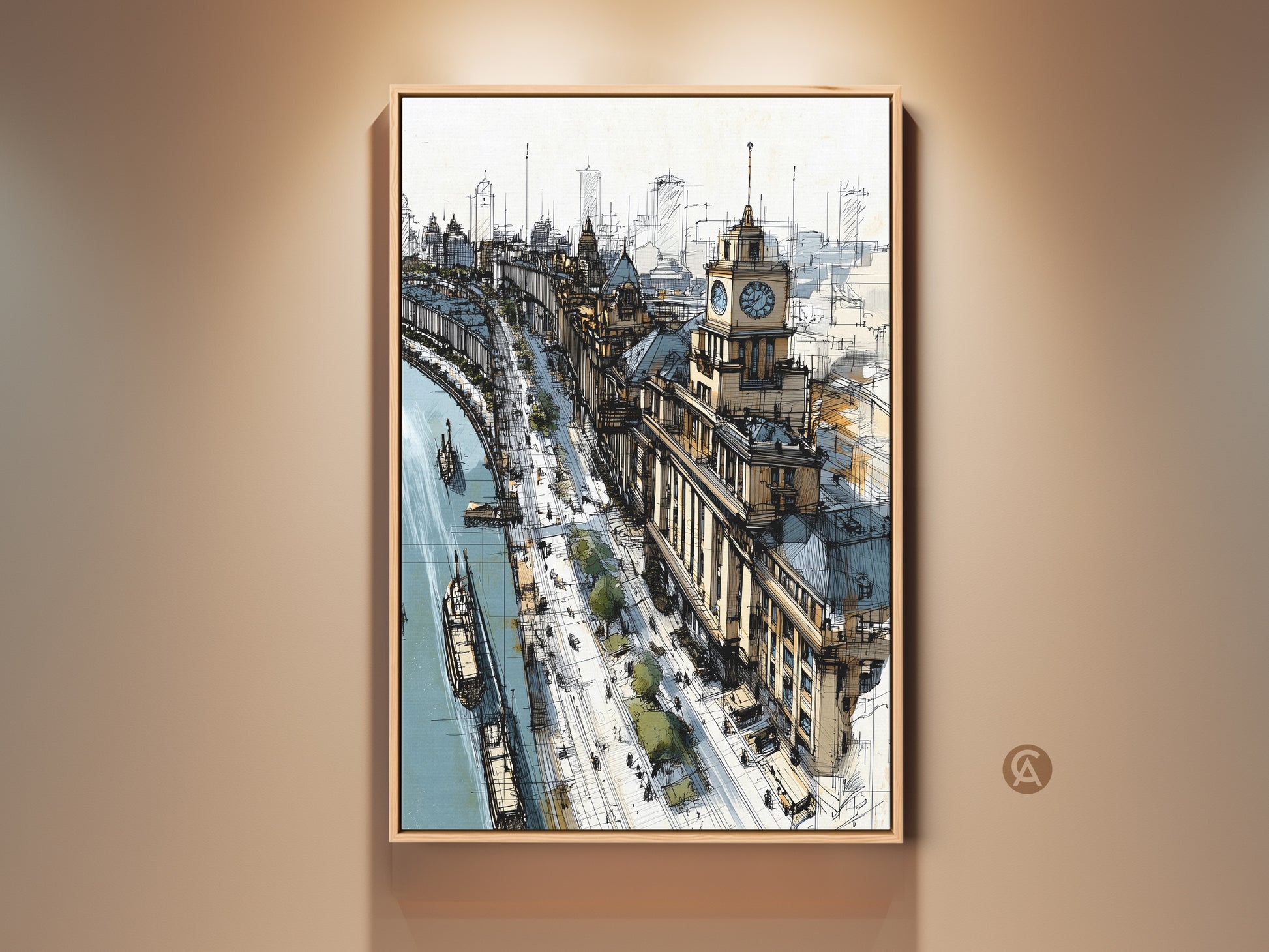 Framed sketch art print featuring a cityscape with a riverfront and clock tower. Contemporary tan and blue artwork perfect for an office or entry hall. The travel-themed architectural line art adds a sophisticated touch to any space. Ideal as a unique housewarming gift for art enthusiasts.