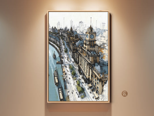 Framed sketch art print featuring a cityscape with a riverfront and clock tower. Contemporary tan and blue artwork perfect for an office or entry hall. The travel-themed architectural line art adds a sophisticated touch to any space. Ideal as a unique housewarming gift for art enthusiasts.