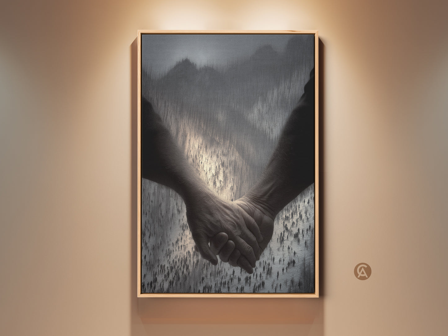 A framed canvas print features a monochrome couple holding hands. This contemporary figurative art has a subtle crowded background. It's perfect bedroom decor or an anniversary gift. The artwork is black and gray abstract art ideal for modern home wall art.