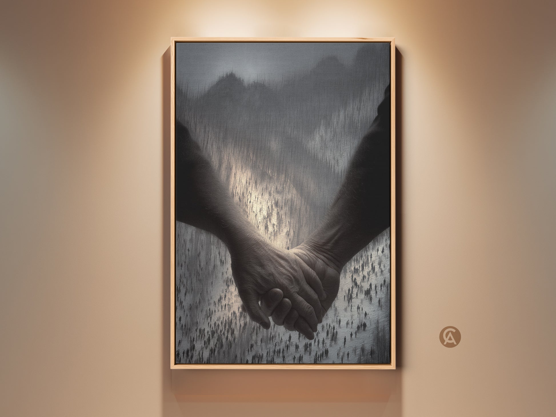 A framed canvas print features a monochrome couple holding hands. This contemporary figurative art has a subtle crowded background. It's perfect bedroom decor or an anniversary gift. The artwork is black and gray abstract art ideal for modern home wall art.