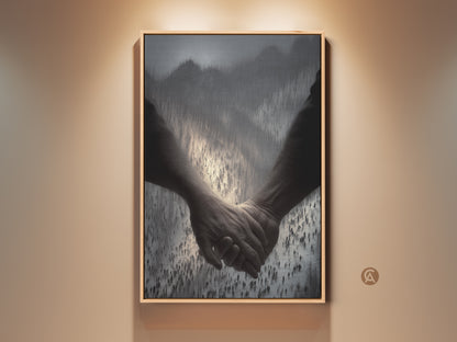 A framed canvas print features a monochrome couple holding hands. This contemporary figurative art has a subtle crowded background. It's perfect bedroom decor or an anniversary gift. The artwork is black and gray abstract art ideal for modern home wall art.