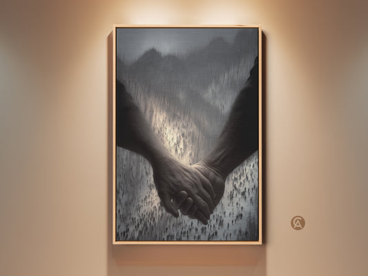 A framed canvas print features a monochrome couple holding hands. This contemporary figurative art has a subtle crowded background. It's perfect bedroom decor or an anniversary gift. The artwork is black and gray abstract art ideal for modern home wall art.