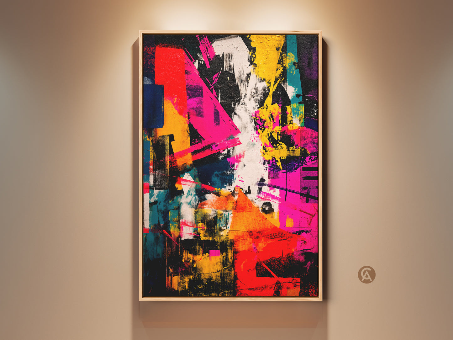 Framed abstract painting in a well lit room. The artwork has a vibrant and colorful palette. A modern piece perfect for home decor. The floating frame enhances the art. Ready to hang and enjoy.