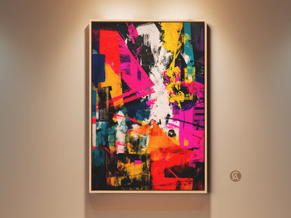 Framed abstract painting in a well lit room. The artwork has a vibrant and colorful palette. A modern piece perfect for home decor. The floating frame enhances the art. Ready to hang and enjoy.