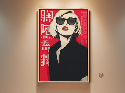 Contemporary pop art canvas featuring a woman with sunglasses. This retro fashion portrait has a bold red background. It's a chic lady canvas print perfect for modern home decor. A stylish gift for her.