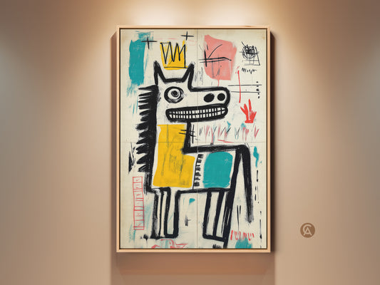 Framed canvas art print. This artwork features a horse wearing a crown. The art style is abstract and colorful. This art is ready to hang and perfect for home decor. A museum-quality piece.