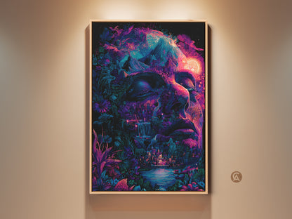 Framed psychedelic art print. The artwork features a face intertwined with nature elements. Vibrant purples and blues create a surreal landscape. Buy this unique artwork to add a touch of mystery to your home decor. Perfect for art lovers seeking original pieces.