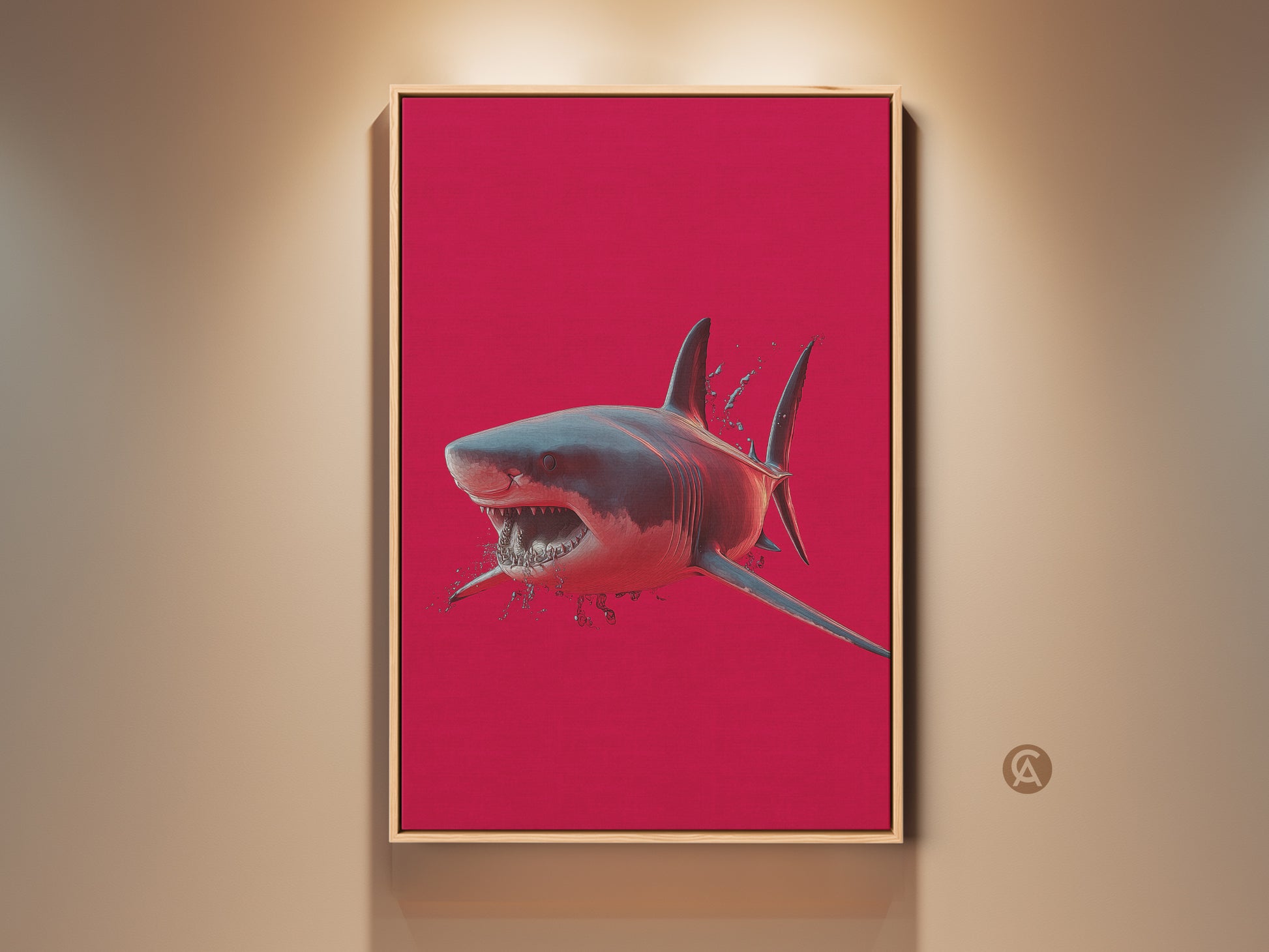 A captivating great white shark art print. This bold crimson ocean wildlife wall decor is a modern and eclectic piece. A unique animal artwork ideal as a gift for the office or a shark enthusiast.