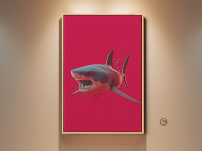 A captivating great white shark art print. This bold crimson ocean wildlife wall decor is a modern and eclectic piece. A unique animal artwork ideal as a gift for the office or a shark enthusiast.