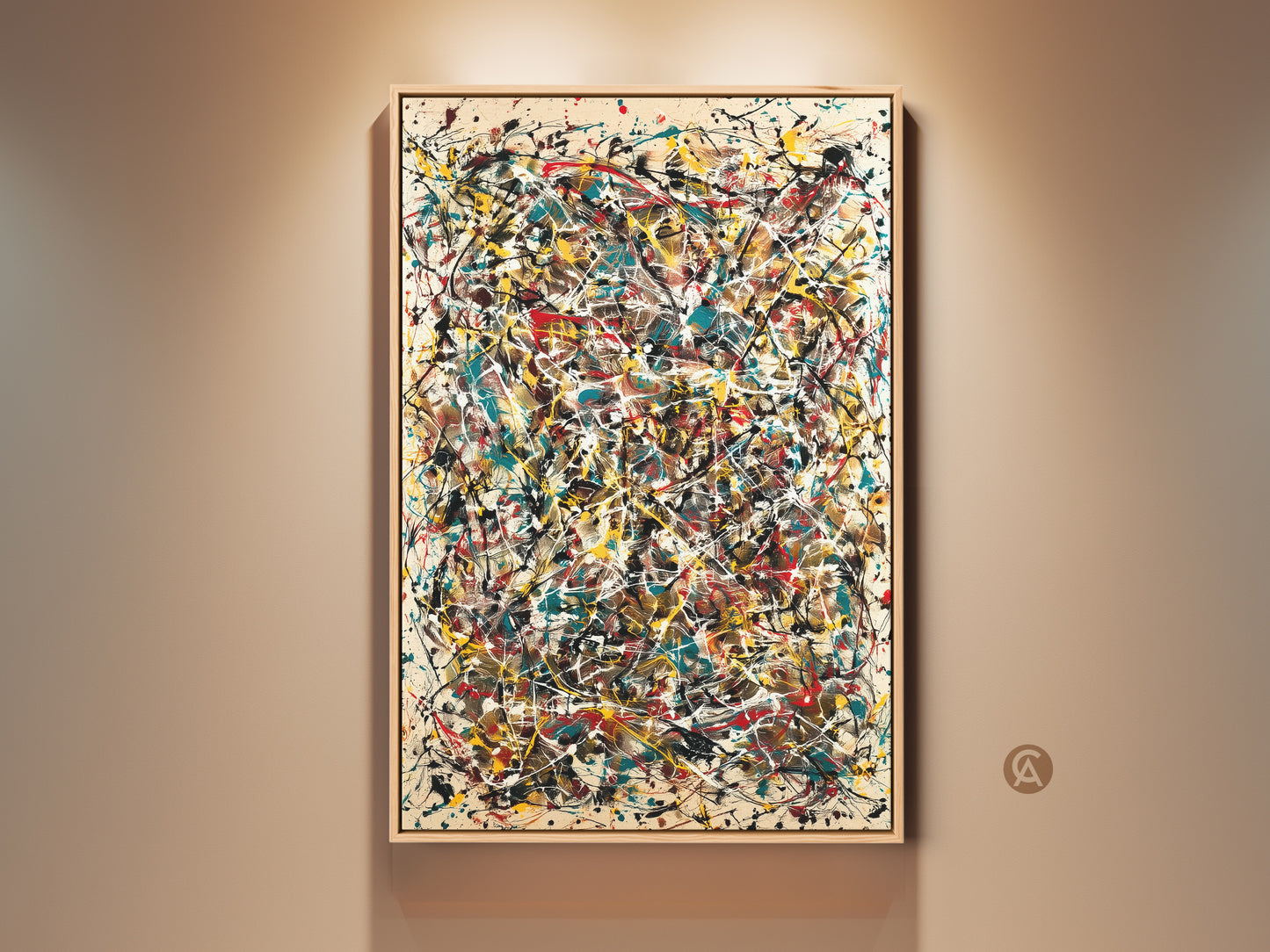 Abstract expressionism artwork on a wall. This piece features dynamic paint splatters in teal yellow red and white. A framed gallery-wrapped canvas art piece that enhances any space with its modern flair.