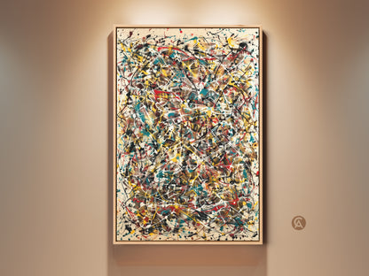Abstract expressionism artwork on a wall. This piece features dynamic paint splatters in teal yellow red and white. A framed gallery-wrapped canvas art piece that enhances any space with its modern flair.