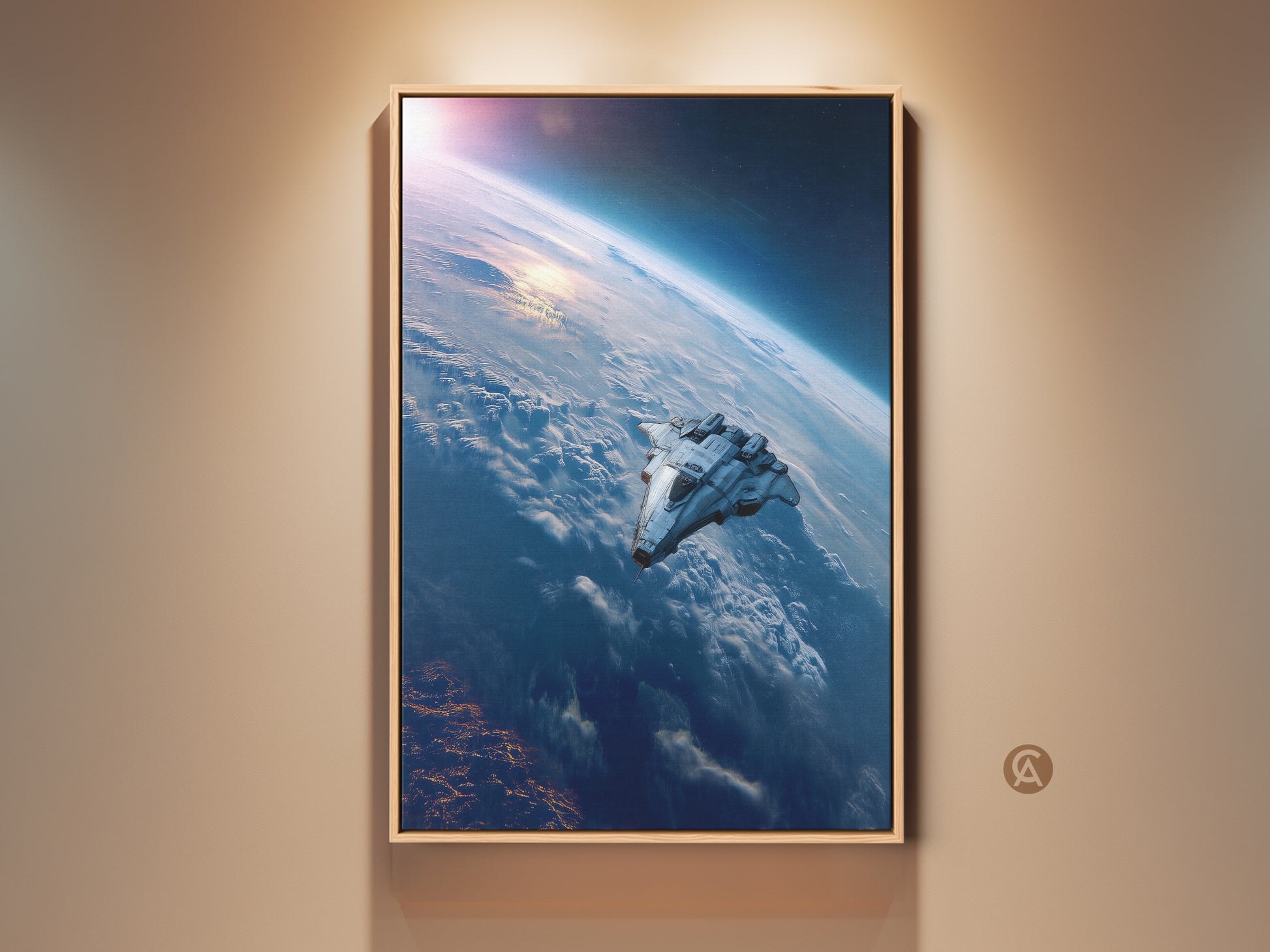 Framed Sci-Fi Space Art Print featuring a futuristic spaceship over Earth. The deep blue canvas wall art enhances bedroom and office decor with contemporary artwork. Perfect for space lovers.