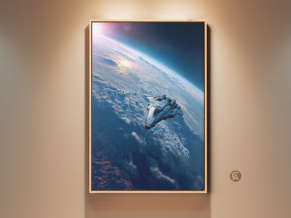 Framed Sci-Fi Space Art Print featuring a futuristic spaceship over Earth. The deep blue canvas wall art enhances bedroom and office decor with contemporary artwork. Perfect for space lovers.