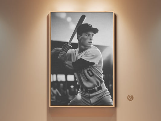 Vintage baseball player canvas art in monochrome. Retro athlete artwork for industrial loft decor. Perfect gift for a baseball fan. This black and white canvas print adds a classic touch to any man cave wall art.