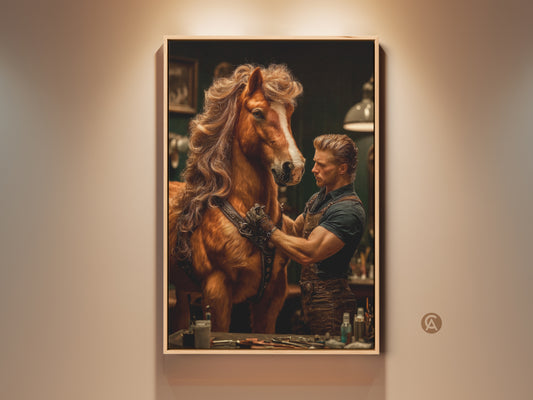 Vintage horse and blacksmith artwork. A realistic brown horse stands beside a muscular blacksmith. This industrial wall decor captures the essence of craftsmanship and the spirit of the animal. A unique Father's day gift for horse lovers.