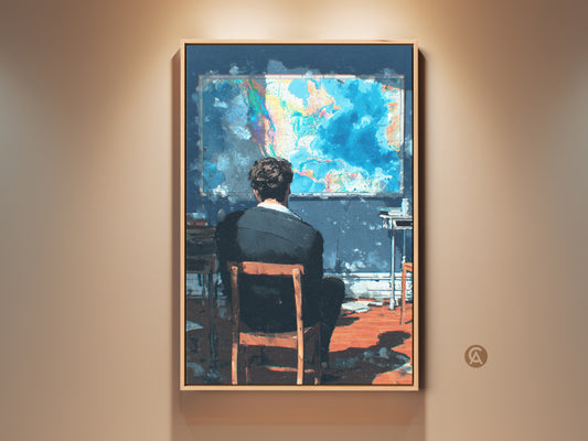 Experience the allure of 'The Observer' artwork. A man gazes at a vibrant world map. This captivating art print is a profound exploration of thought and perspective. Perfect for adding depth to your space. A thought-provoking piece for any art lover.
