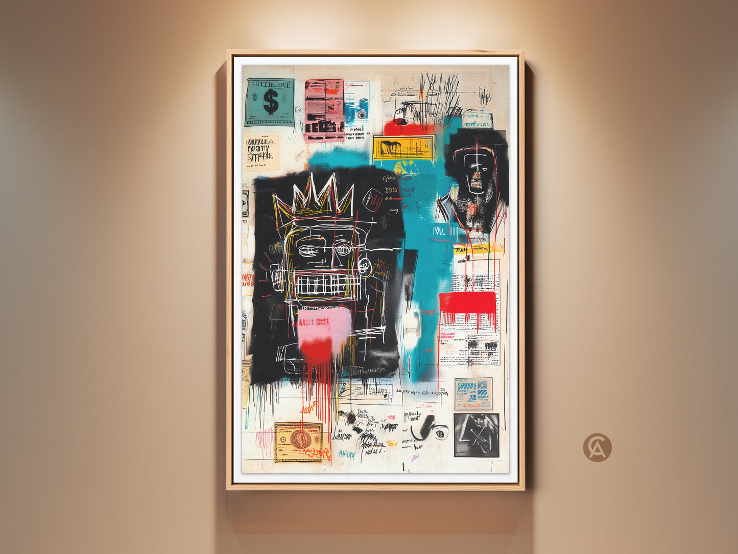Framed Basquiat art print. The artwork features a collage of symbols text and figures. This is a museum-quality print ready to hang. A bold statement piece for modern art lovers. Shop now to elevate your home decor with this iconic piece.