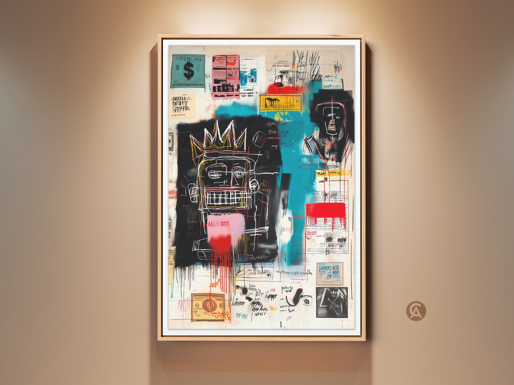 Framed Basquiat art print. The artwork features a collage of symbols text and figures. This is a museum-quality print ready to hang. A bold statement piece for modern art lovers. Shop now to elevate your home decor with this iconic piece.