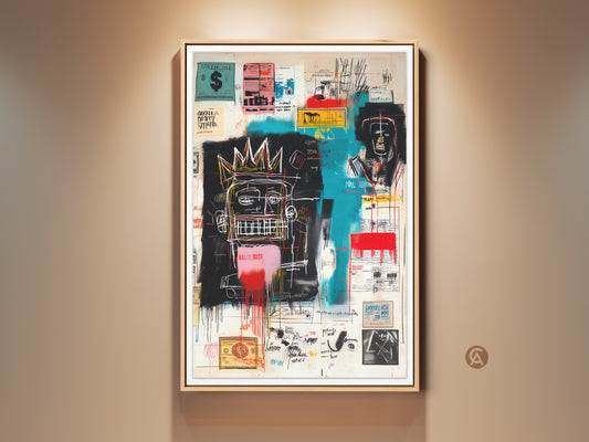Framed Basquiat art print. The artwork features a collage of symbols text and figures. This is a museum-quality print ready to hang. A bold statement piece for modern art lovers. Shop now to elevate your home decor with this iconic piece.