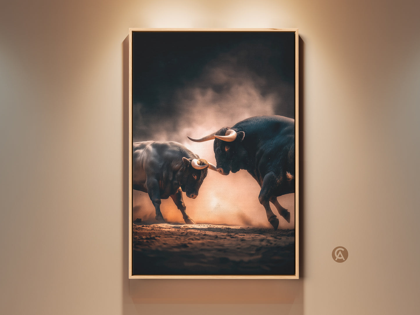 Dramatic bull fight art print on display. This powerful animal artwork captures the intensity of the moment. The bull fighting canvas art is perfect for adding a touch of drama to your home. It's framed and ready to hang.