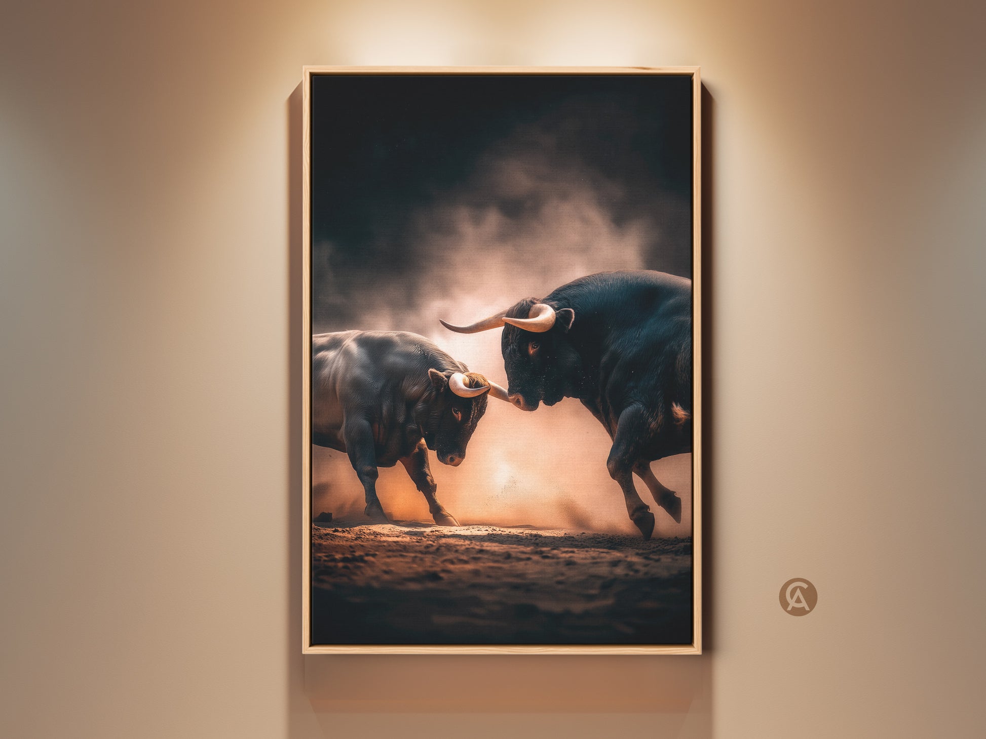 Dramatic bull fight art print on display. This powerful animal artwork captures the intensity of the moment. The bull fighting canvas art is perfect for adding a touch of drama to your home. It's framed and ready to hang.