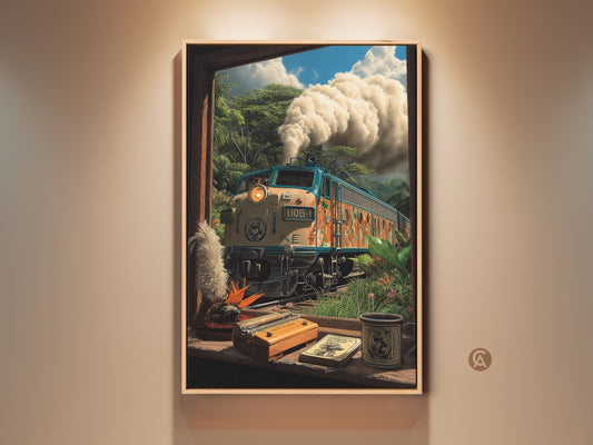 Retro steam train art print displayed in a warm setting. This vintage jungle steam engine canvas wall art blends eclectic nature with transport decor. A unique traveler gift for train enthusiasts. The teal orange and green hues add an adventurous wall art vibe to any home or office space.