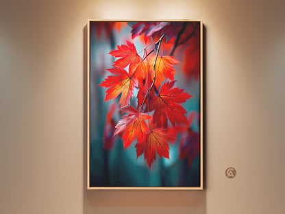 Framed wall art featuring red maple leaves. The artwork has a calming teal backdrop. A stunning piece of nature art. The wooden frame adds a touch of rustic elegance. It enhances the beauty of the leaf art.