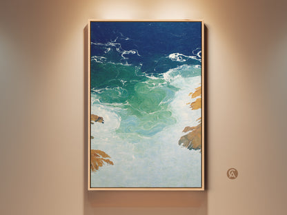 Abstract Seascape Wall Artwork in a frame displays coastal modern ocean waves. This canvas print features a deep blue and emerald green color palette. A beach lover's gift bringing coastal tranquility to any room. Enhance your living space with nautical wall decor art. A residential abstract painting provides an artistic ocean view.