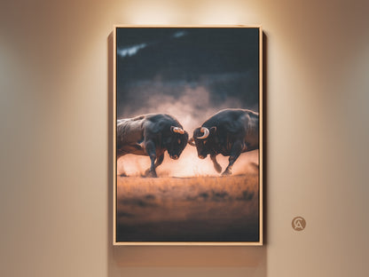 Framed Artwork featuring two bulls clashing horns. The artwork is displayed in a oak floating frame. This art piece adds a touch of raw power to any room. Perfect for adding drama. Shop framed animal art for sale.