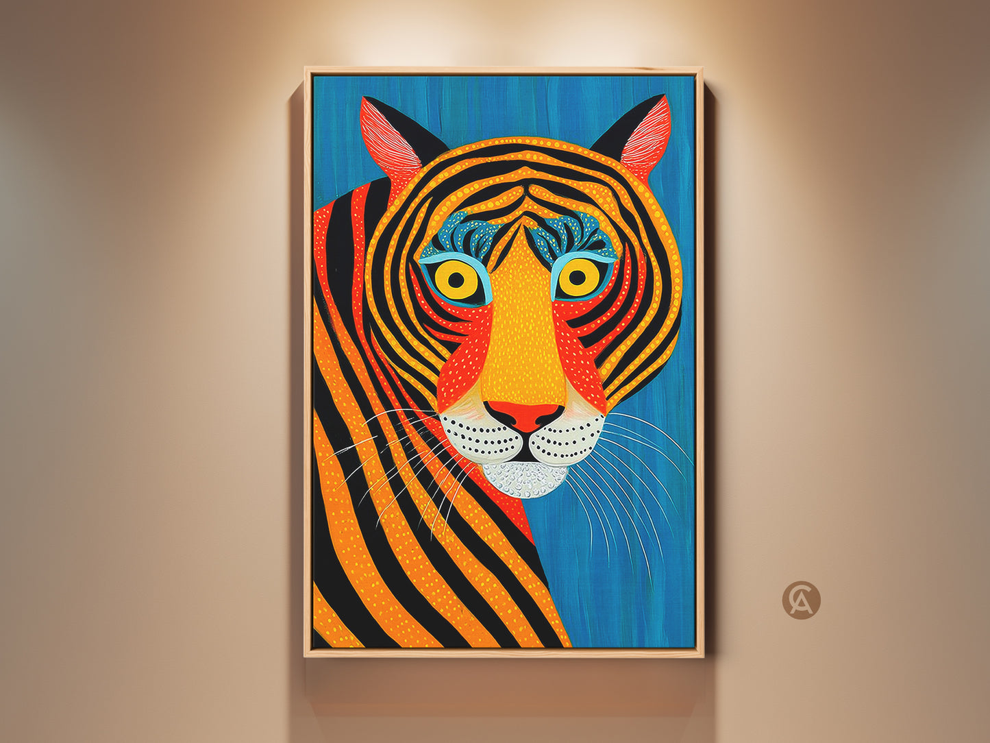Eye-catching abstract tiger art print hangs on a beige wall. This tribal wildlife canvas features bold blue yellow and orange hues. Add an eclectic touch to your home decor with this unique animal lover gift.