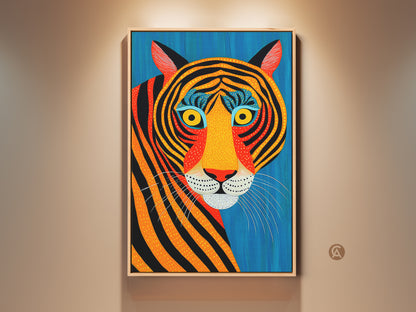 Eye-catching abstract tiger art print hangs on a beige wall. This tribal wildlife canvas features bold blue yellow and orange hues. Add an eclectic touch to your home decor with this unique animal lover gift.