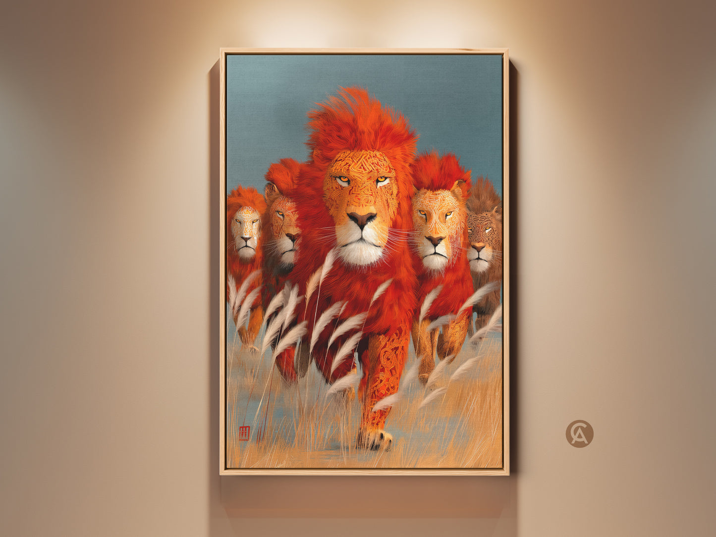 Majestic lion family artwork in a frame. This African wildlife canvas art features an orange and teal palette. An eclectic home decor piece perfect as a gift for animal lovers. The vivid colors and intricate details bring a touch of the savanna to any room. A sophisticated addition to living spaces.