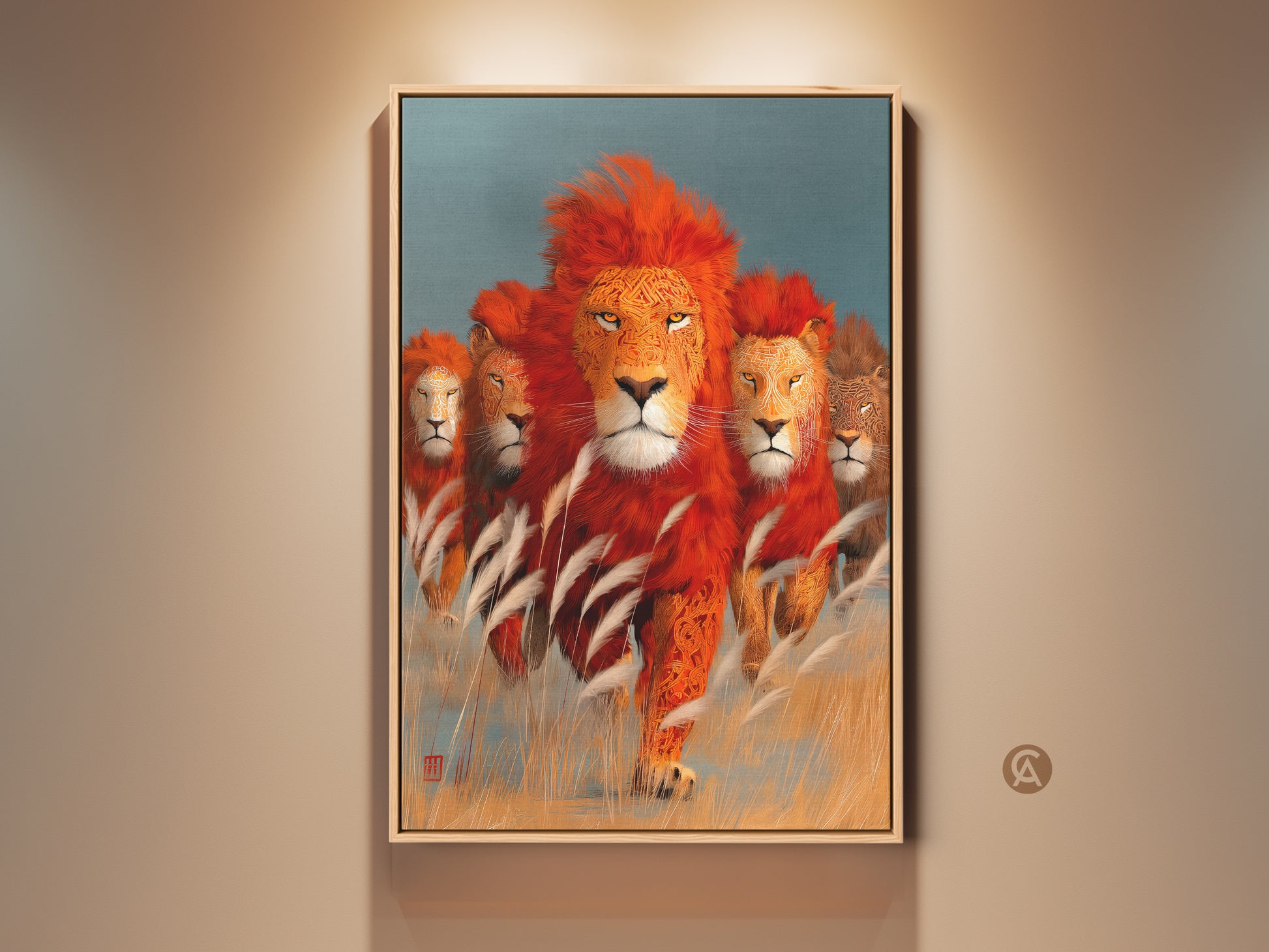 Majestic lion family artwork in a frame. This African wildlife canvas art features an orange and teal palette. An eclectic home decor piece perfect as a gift for animal lovers. The vivid colors and intricate details bring a touch of the savanna to any room. A sophisticated addition to living spaces.