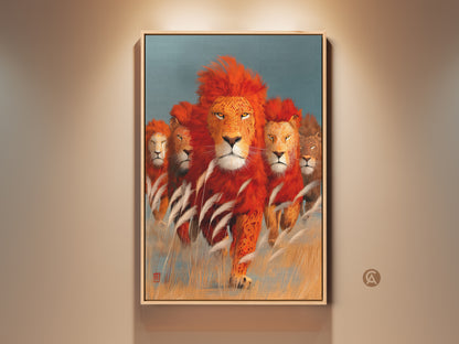 Majestic lion family artwork in a frame. This African wildlife canvas art features an orange and teal palette. An eclectic home decor piece perfect as a gift for animal lovers. The vivid colors and intricate details bring a touch of the savanna to any room. A sophisticated addition to living spaces.