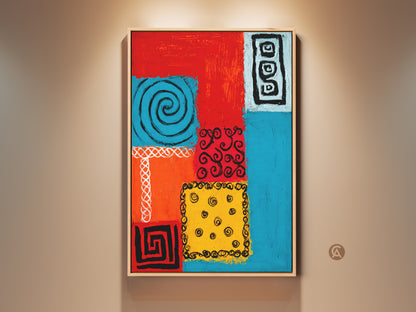 A captivating tribal spiral folk art print with red orange and blue hues adds a vibrant touch. This geometric art is perfect for eclectic modern wall decor. The artwork creates a unique focal point with its bold tribal symbols and spiral motifs for housewarming gift or a statement piece in any room.