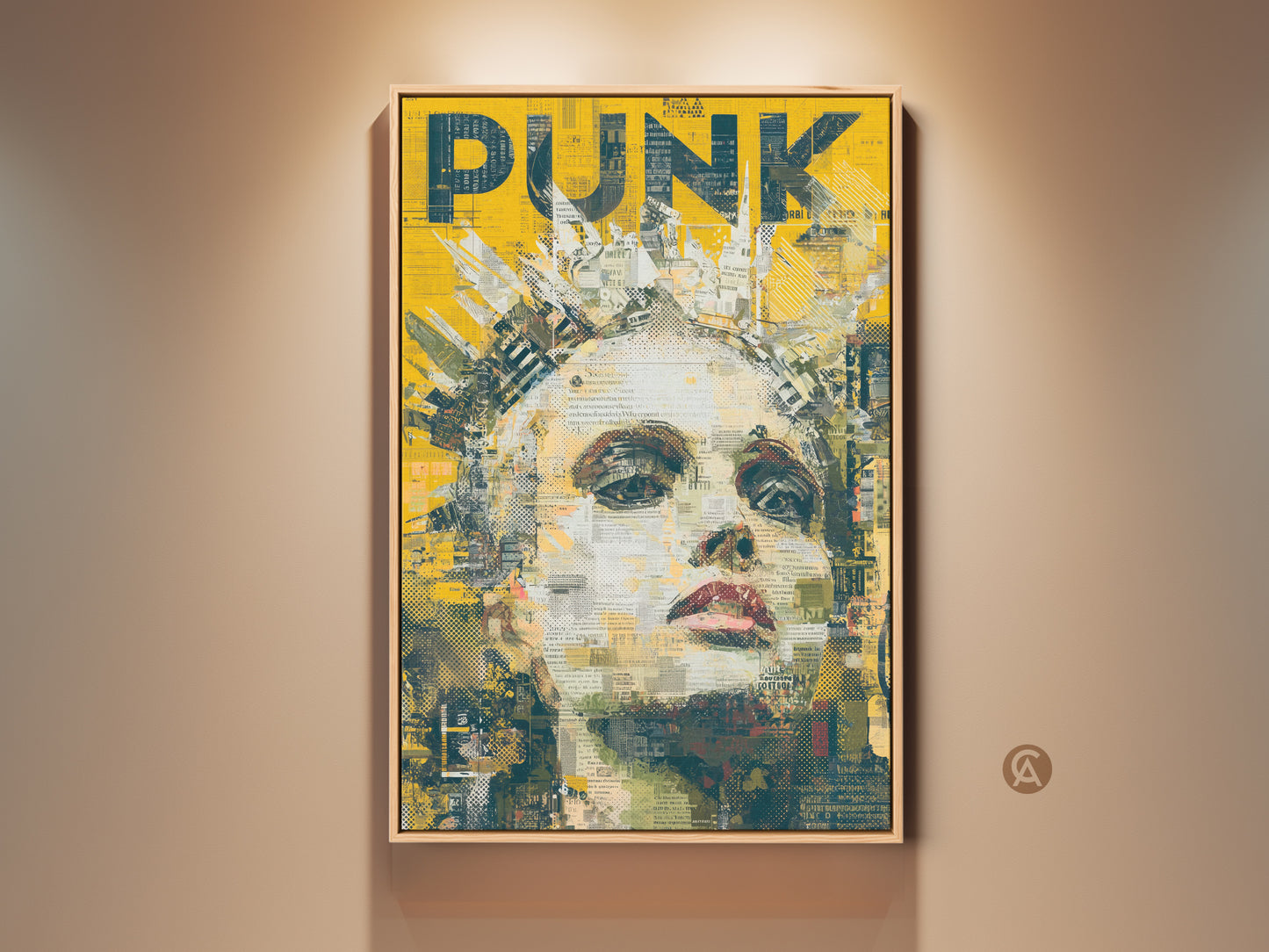 This framed artwork features a woman with a crown. The art style has a Punk aesthetic. The artwork includes the word PUNK in bold yellow text. It will add an edgy vibe to any room. It is available as framed art or on canvas.