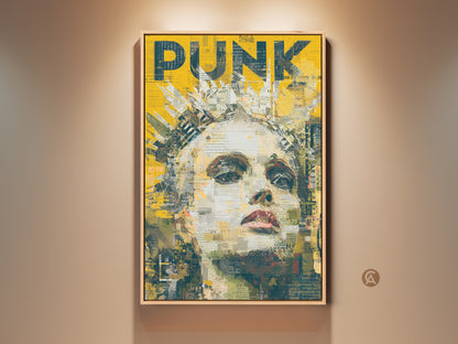 This framed artwork features a woman with a crown. The art style has a Punk aesthetic. The artwork includes the word PUNK in bold yellow text. It will add an edgy vibe to any room. It is available as framed art or on canvas.